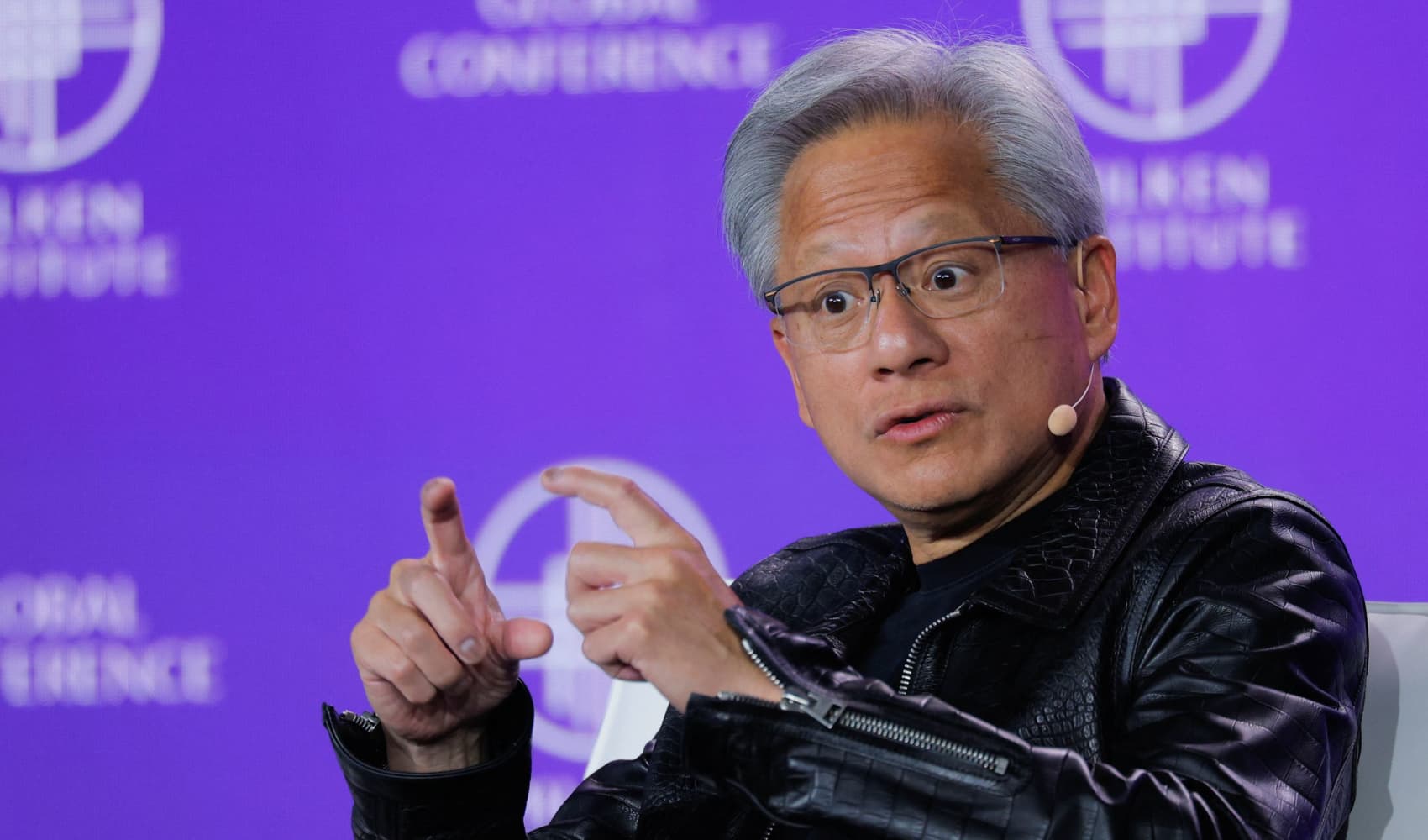 Founder and CEO at Nvidia Jensen Huang is interviewed by Chairman of the Milken Institute Michael Milken (not pictured) during the Milken Institute Global Conference 2025 in Beverly Hills, California, U.S., May 5, 2025.