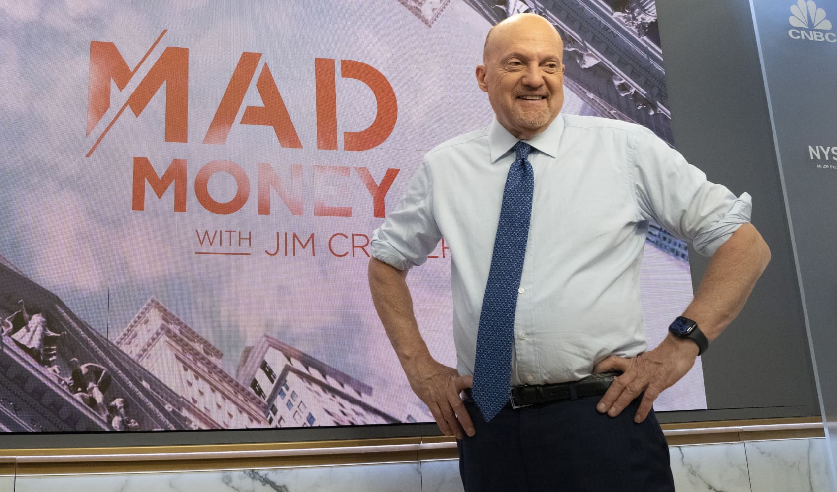 Jim Cramer at the NYSE with Mad Money graphic, June 30, 2022.